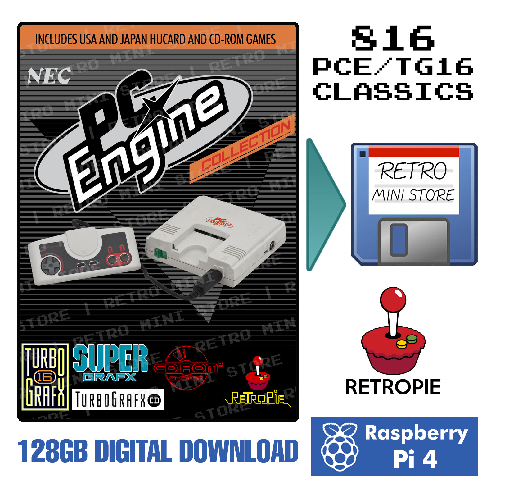 Digital Download NEC PC-Engine TG-16 128GB Retropie microSD 816 Games  Preloaded Raspberry Pi RetroMini Store