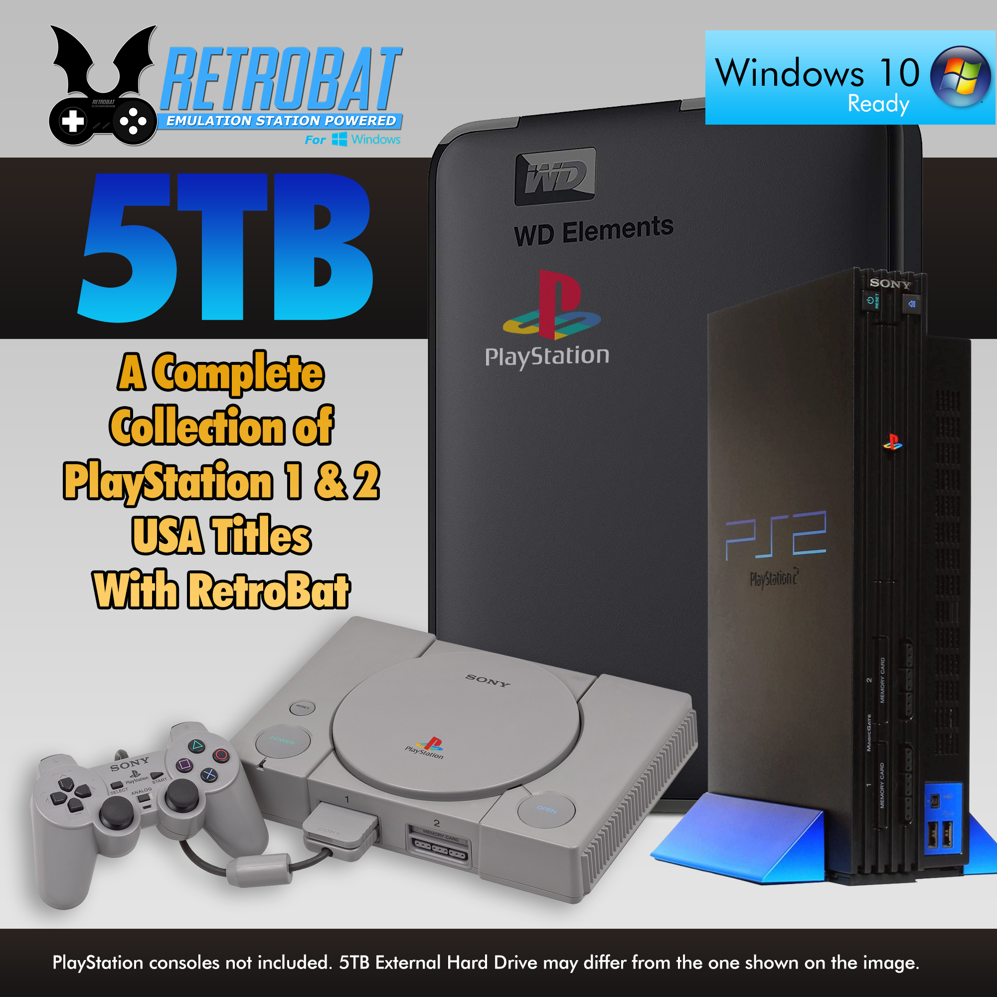 PlayStation 1 & 2 5TB External Hard Drive USA Collection For Windows with  RetroBat - RetroMini Store